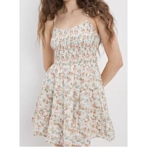 American Eagle Smocked Bodice Floral Textured Cotton Mini Tiered Dress S Pockets